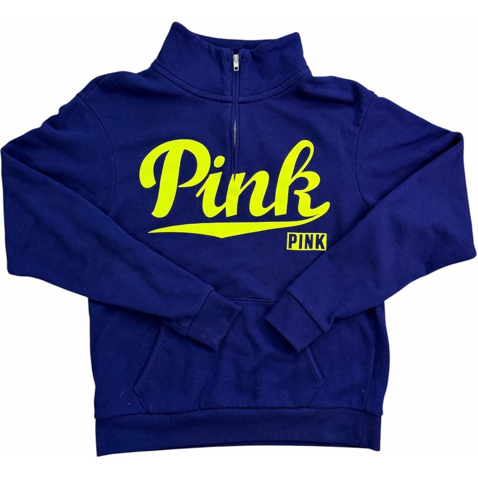 Victoria Secret Pink Quarter Zip Pullover Sweatshirt Navy Yellow Logo Size Xs